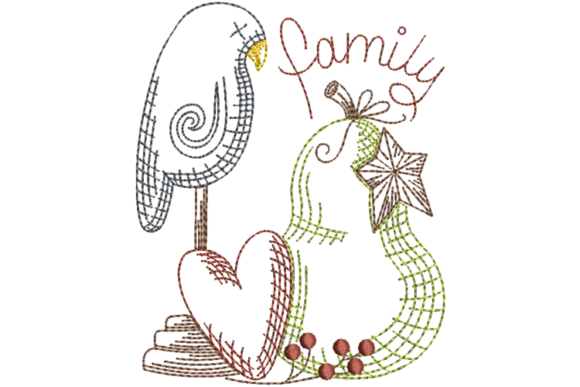 Primitive Crow and Pear Family Embroidery